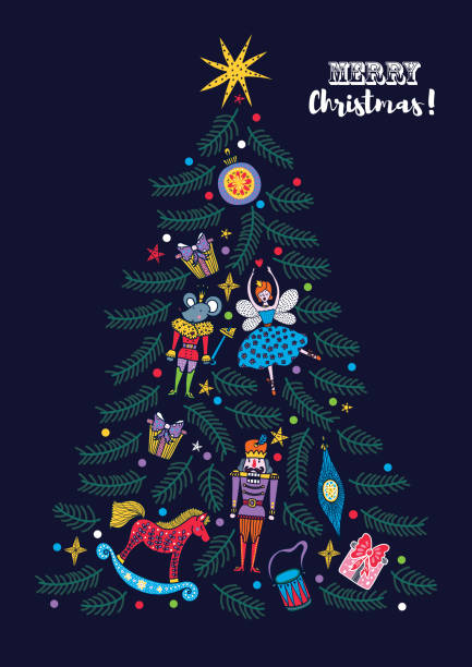 ilustraciones, imágenes clip art, dibujos animados e iconos de stock de árbol de navidad con juguetes del ballet cascanueces. - cascanueces utensilios de cocina