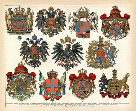1. Prussia 2. Austria 3. Hungary 4. Bavaria 5. Russia 6. German Empire 7. Great Britain and Ireland 8. Saxony 9. Empire Italy 10. Empire Spain 11. Empire Württemberg
Original edition from my own archives
Source : Brockhaus 1895