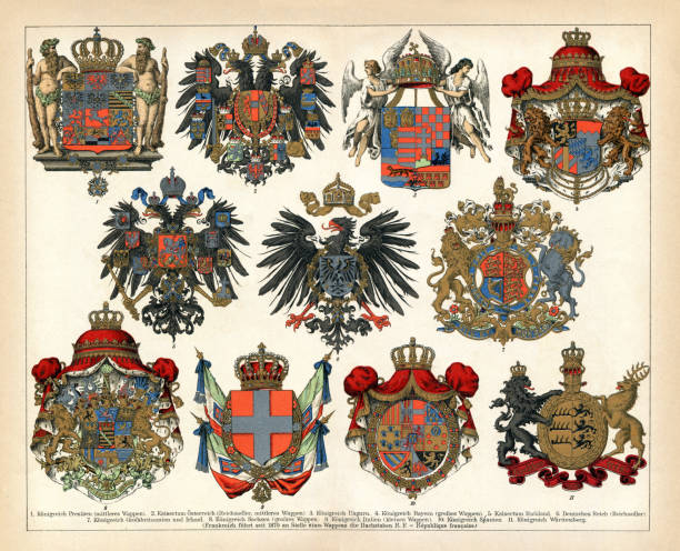 Badges from countries in Europe 19th century 1. Prussia 2. Austria 3. Hungary 4. Bavaria 5. Russia 6. German Empire 7. Great Britain and Ireland 8. Saxony 9. Empire Italy 10. Empire Spain 11. Empire Württemberg
Original edition from my own archives
Source : Brockhaus 1895 medieval illustrations stock illustrations