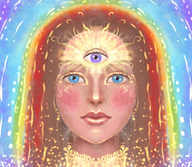 duchowe przebudzenie. jasny portret dziewczyny z trzecim okiem na czole na tle kolorów czakr - third eye illustrations stock illustrations