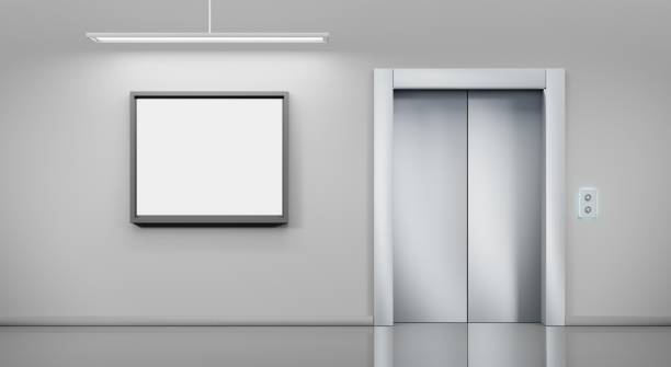 istock Metal elevator with closed door and ad blank billboard or hang LCD screen on wall in office or hotel hallway. Realistic illustration empty lobby interior with lift and mockup white display, 3d render 1334655517