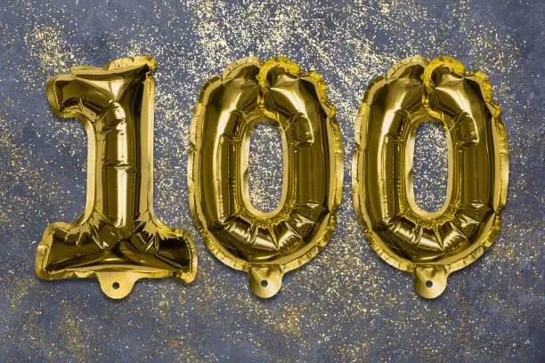 Photo of The number of the balloon made of golden foil, the number one hundred on a gray background with sequins.