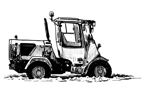Vector illustration of Hand drawing of small farm tractor for agricultural work
