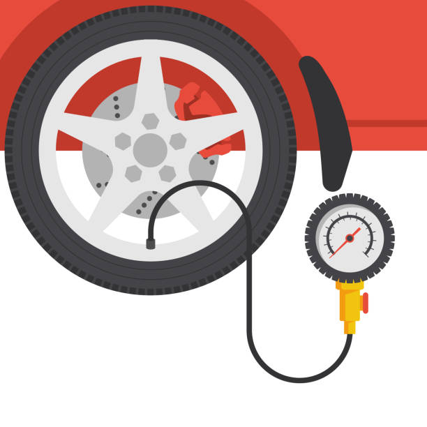 Tire pressure gauge. Checking tire pressure. Gauge, manometer Tire pressure gauge. Checking tire pressure. Gauge, manometer. Car safe concept. Sign, wheel car with instrument measures pressure. Vector illustration flat design. Isolated on white background. inflating stock illustrations