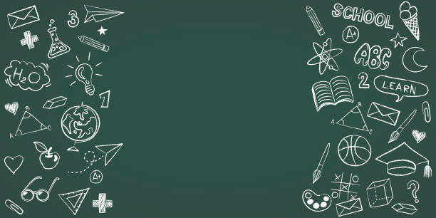 ilustrações de stock, clip art, desenhos animados e ícones de vector frame back to school with education doodle icon symbols on green chalkboard. eps10. - blackboard