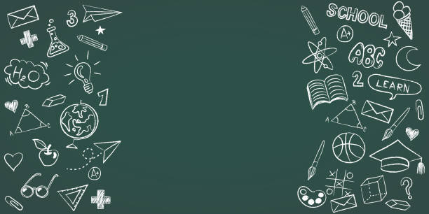 Vector frame back to school with education doodle icon symbols on green chalkboard. EPS10. Vector frame back to school with education doodle icon symbols on green chalkboard. Lessons objects drawn by hand in a childish manner. EPS10. education backgrounds stock illustrations