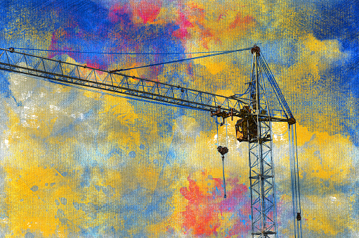 Industrial construction crane silhouette over sun at sunrise. Tall crane with hook and slings against  multicolored sky. Digital watercolor painting. Digital art