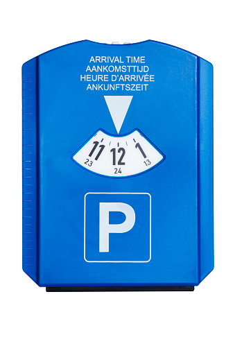 Multilingual parking disc, labeled with English, Dutch, French and German text, isolated on white background