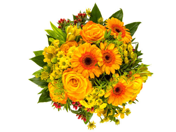 High angle view of isolated autumnal flowers bouquet Autumnal flowers bouquet with yellow and orange helenium, peruvian lilies, rose and gerber blossoms, myrtles top view isolated on white background bouquet stock pictures, royalty-free photos & images
