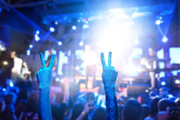 disfrutando de espectáculo o concierto. las manos levantadas demuestran v-sign en la sala abarrotada durante el concierto de música en vivo - crowd noise flash fotografías e imágenes de stock