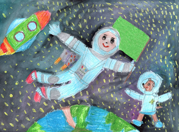 aquarellkinder zeichnen weltraumplanetenrakete - kinderzeichnung stock-grafiken, -clipart, -cartoons und -symbole