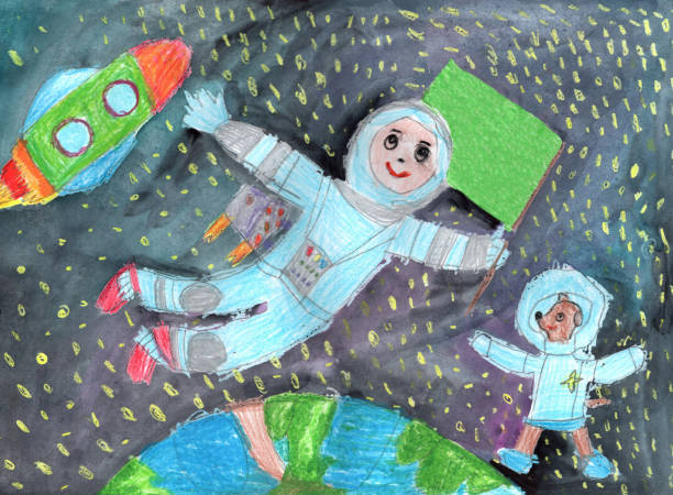 Watercolor children drawing space planet rocket Watercolor children drawing. Hand drawn flight of the rocket and astronaut with alien in the universe and the space planets. Pencil art in childish style. childs drawing stock illustrations