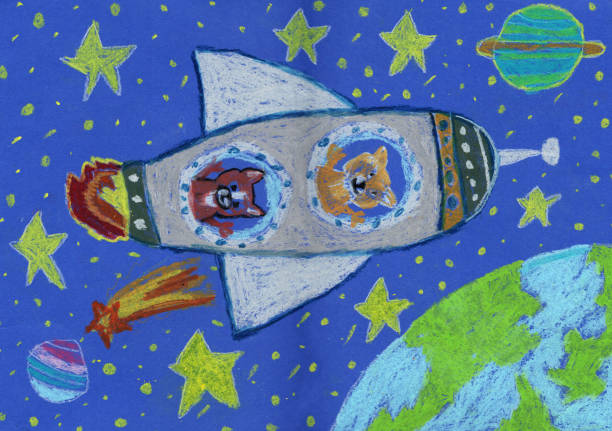 istock Watercolor children drawing space planet rocket 1334663460