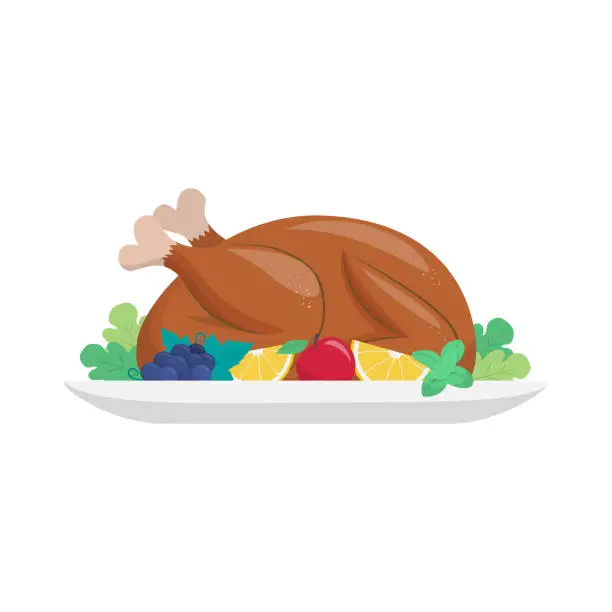 Vector illustration of Thanksgiving day roasted turkey dinner with fruits