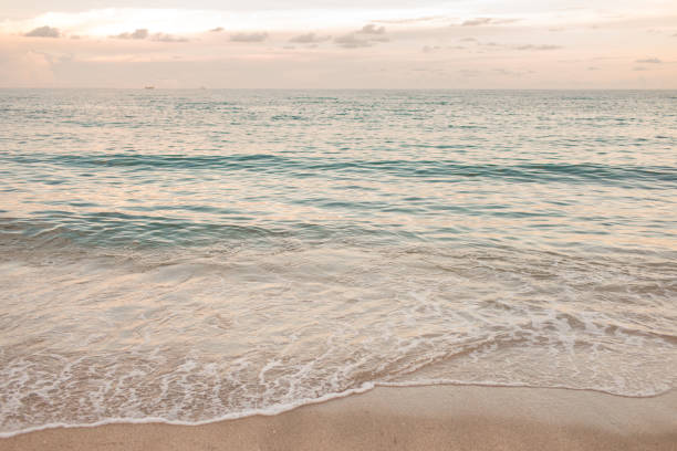 istock Teal Ocean Waves Sweeping Along the Empty Beach Shoreline at Sunset in Highland Beach, Florida in August of 2021 During the Rise of the COVID-19 Delta Variant 1334665144