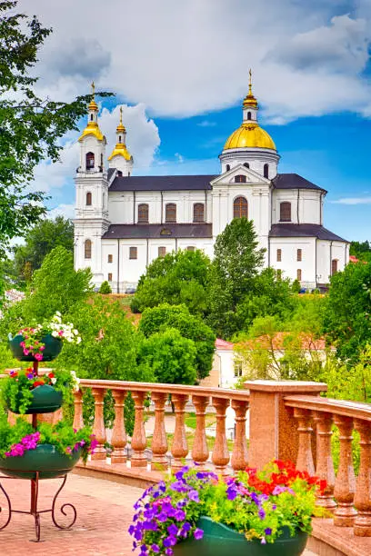 View of The Holly Assumption Church or Uspensky Cathedral in The City of Vitebsk At Daytime. Vertical Image Composition