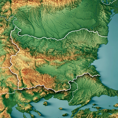 3D Render of a Topographic Map of Bulgaria. Version with Country Boundaries.\nAll source data is in the public domain.\nColor texture: Made with Natural Earth. \nhttp://www.naturalearthdata.com/downloads/10m-raster-data/10m-cross-blend-hypso/\nRelief texture: NASADEM data courtesy of NASA JPL (2020). URL of source image: \nhttps://doi.org/10.5067/MEaSUREs/NASADEM/NASADEM_HGT.001\nWater texture: SRTM Water Body SWDB:\nhttps://dds.cr.usgs.gov/srtm/version2_1/SWBD/\nBoundaries Level 0: Humanitarian Information Unit HIU, U.S. Department of State (database: LSIB)\nhttp://geonode.state.gov/layers/geonode%3ALSIB7a_Gen