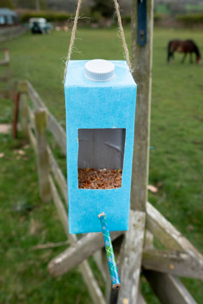caixa de leite reciclada como alimentador de aves - comedouro de pássaros - fotografias e filmes do acervo