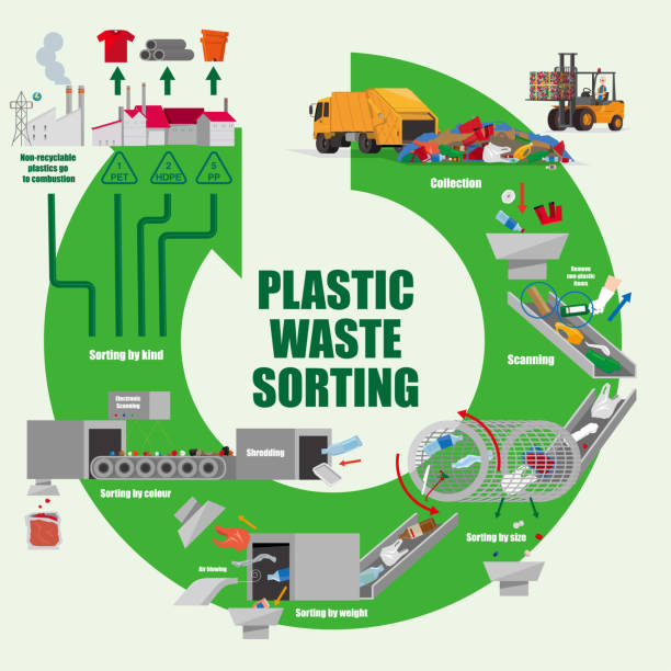 illustrative diagram of a plastic waste sorting process - atık yönetimi stock illustrations