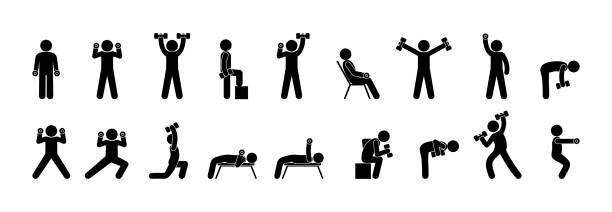 set of exercises with dumbbells, gym illustration, people icons, athletes are engaged in bodybuilding set of exercises with dumbbells, gym illustration, people icons, athletes are engaged in bodybuilding body building stock illustrations