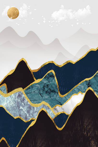 istock 3d modern art mural wallpaper with light gray background. golden, black, white and turquoise mountains. sun in the sky with birds. Suitable for use as a frame on walls . 1334674679
