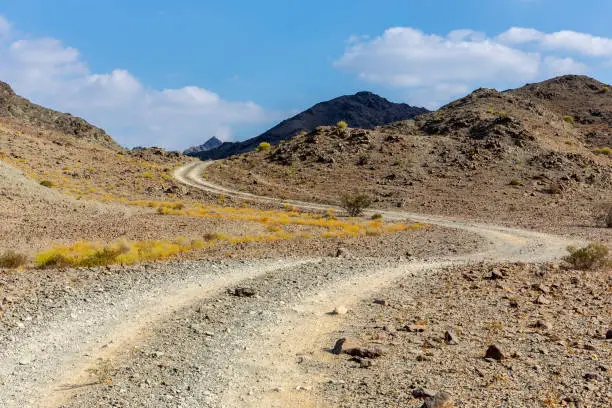 Photo of Copper Hike trail, winding gravel dirt road through Wadi Ghargur riverbed, UAE.