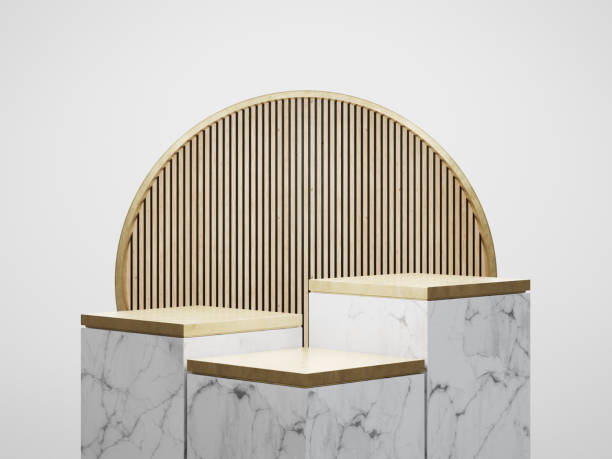 istock Cube step white marble podium and a metallic gold top with wood feature wall background in luxury studio scene. 1334675779