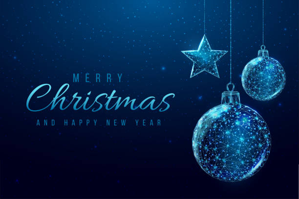 Wireframe christmas balls and star, low poly style. Merry Christmas and New Year banner. Abstract modern 3d vector illustration on blue background. Wireframe Christmas balls and star, low poly style. Merry Christmas and New Year banner. Abstract modern 3d vector illustration on blue background. christmas card stock illustrations