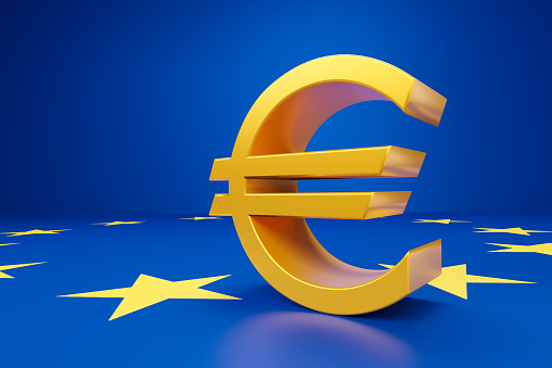 Euro symbol in gold color on a blue background, colors of the flag of the European Union. Ilustration 3d