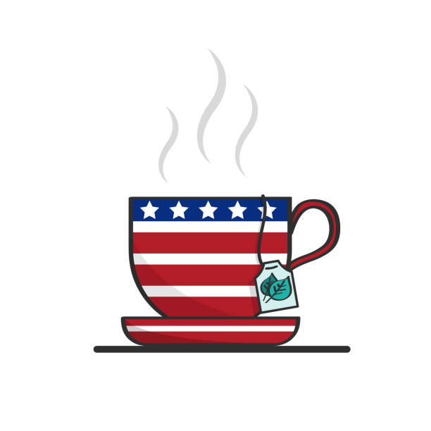 Isolated vector cup of tea with American flag print. Blue stroke with stars and white and red lines. Cup with hot beverage inside and a tea bag tag. Cartoon icon vector art illustration