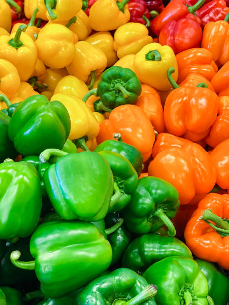 pimentões variados para venda em supermercado. - pepper bell pepper market spice - fotografias e filmes do acervo