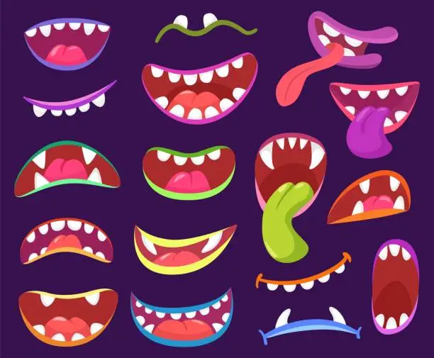 Vector illustration of Cartoon halloween scary monster mouths with teeth and tongue. Funny monsters characters expressions, creatures open mouth with fangs vector set