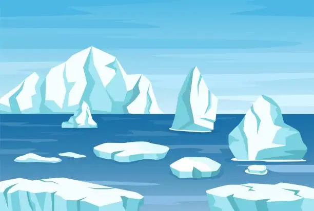 Vector illustration of Arctic polar landscape with icebergs, glaciers and ice rocks. Melting iceberg drifting in ocean. Antarctic mountains scene vector illustration