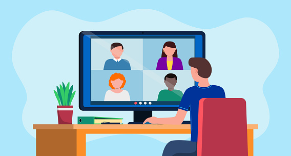 Video conference illustration. People group talking by computer programm. Screen with colleagues communication. Online meeting, work from home, remote work