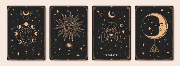 ilustraciones, imágenes clip art, dibujos animados e iconos de stock de cartas del tarot de astrología mística, carta oculta bohemia. tarjetas esotéricas grabadas vintage con fases lunares, sol sagrado y conjunto de vectores de estrellas - tarot-deck