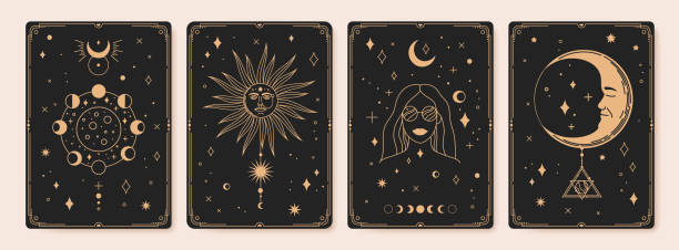 Mystical astrology tarot cards, bohemian occult card. Vintage engraved esoteric cards with moon phases, sacred sun and stars vector set Mystical astrology tarot cards, bohemian occult card. Vintage engraved esoteric cards with moon phases, sacred sun and stars vector set. Female character with loon stages, sun sign tarot cards stock illustrations