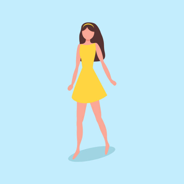 Young woman in dress walking barefoot. Vector isolated character female with dark hair on the blue background. Yellow dress vector art illustration