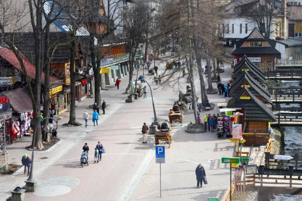 Aerial view towards Krupowki street in City of Zakopane stock photo