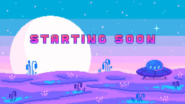 Stream banner with phrase Starting soon. Ufo on alien planet. Stream banner with phrase Starting soon. Ufo on alien planet.Streaming screen background for online broadcast. Vector illustration in pixel art. pixel sky background stock illustrations
