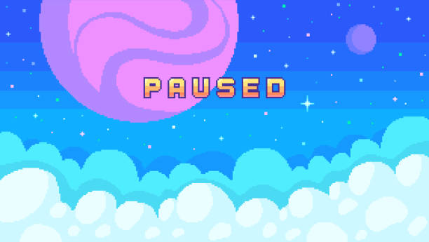 Stream banner with phrase Paused. Planets and clouds on starry sky. Stream banner with phrase Paused. Planets and clouds on starry sky. Streaming screen background for online broadcast. Vector illustration in pixel art. pixel sky background stock illustrations