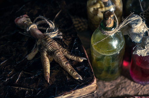 Multiple tincture bottles, bunches of dry healthy herbs, stack of ancient ritual books, amulets, candles, runes chicken feet, sack of medicinal and magical herbs