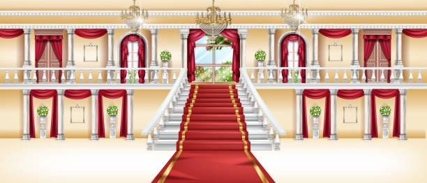 palastinnere, vektorschlossraumhintergrund, königlicher ballsaal, bogenfenster, roter teppich, marmorsäule. - domestic room palace chandelier nobility stock-grafiken, -clipart, -cartoons und -symbole