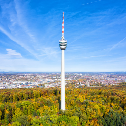 Munich, Germany - October 11, 2021:  Olympic Tower in Munich, Germany. This tower is a famous landmark of Munich.