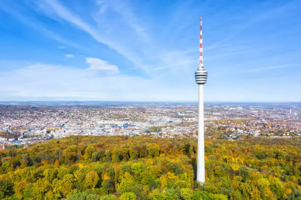 Stuttgart tv tower skyline aerial photo view town architecture travel copyspace copy space traveling