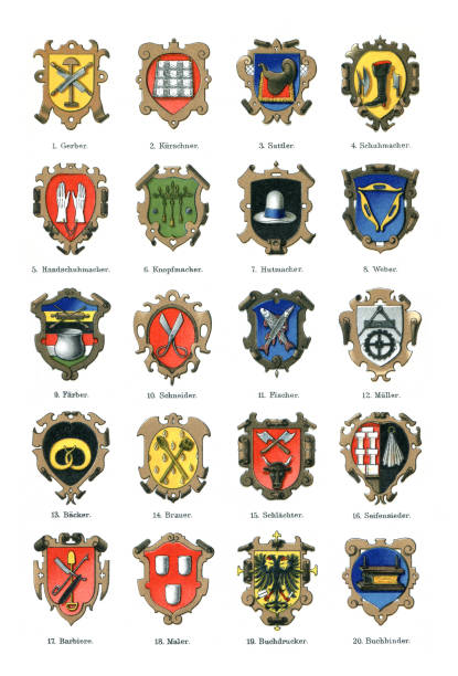abzeichen aus verschiedenen berufsgilden symbol 1895 - deutsches wappen stock-grafiken, -clipart, -cartoons und -symbole