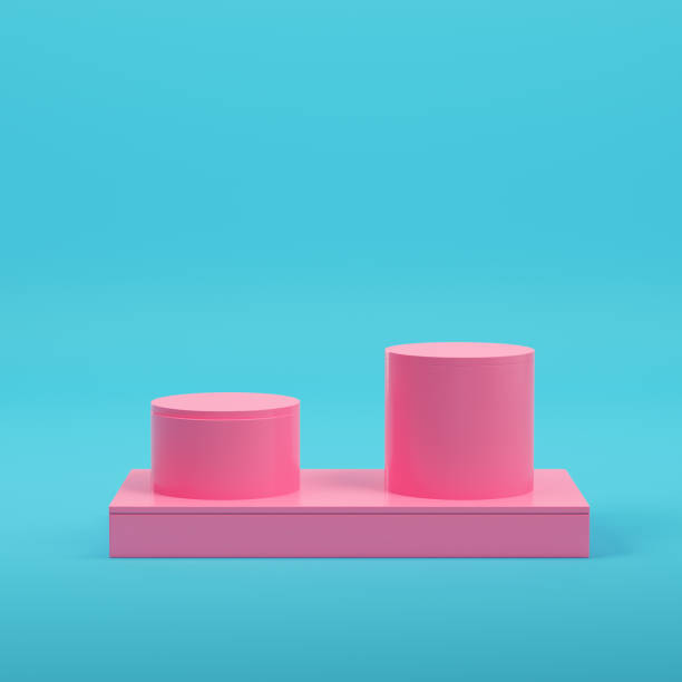 istock Pink rectangle podium with two cylinders for product display on bright blue background in pastel colors 1334683028