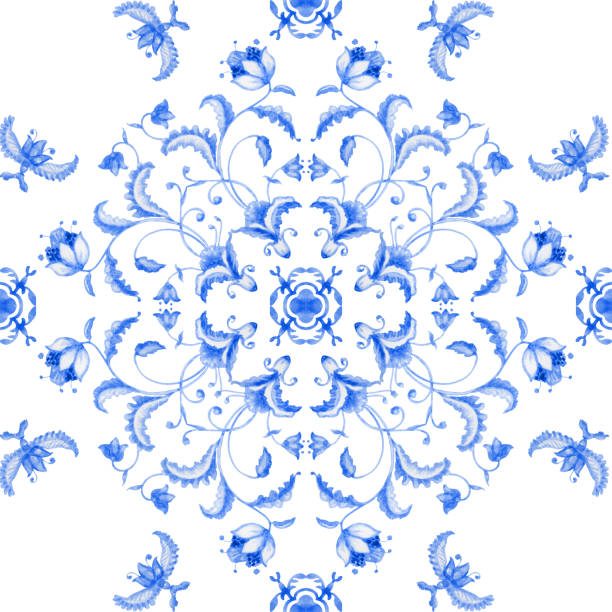 stockillustraties, clipart, cartoons en iconen met watercolor painted indigo blue damask seamless pattern on a white background. tile with hand drawn baroque scrolls, flowers, leaves and floral - sicilië