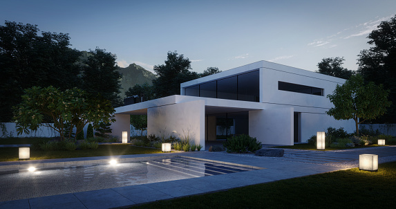 Digitally generated modern family villa with swimming pool at dusk/dawn.\n\nThe scene was created in Autodesk® 3ds Max 2022 with V-Ray 5 and rendered with photorealistic shaders and lighting in Chaos® Vantage with some post-production added.