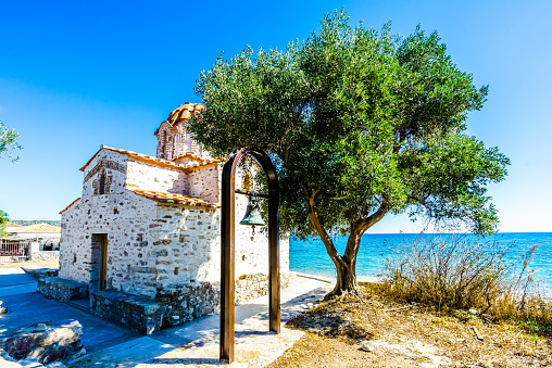 Orthodox church Agia Varvara at Skoutari beach, Peloponnese Greece