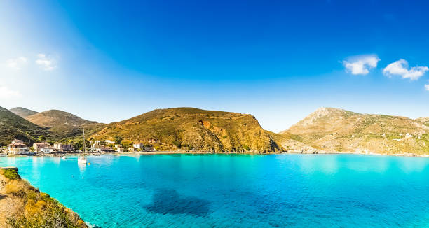 bay at porto kagio in the southmost part of mani peninsula, peloponnese, lakonia, greece - mani peninsula imagens e fotografias de stock